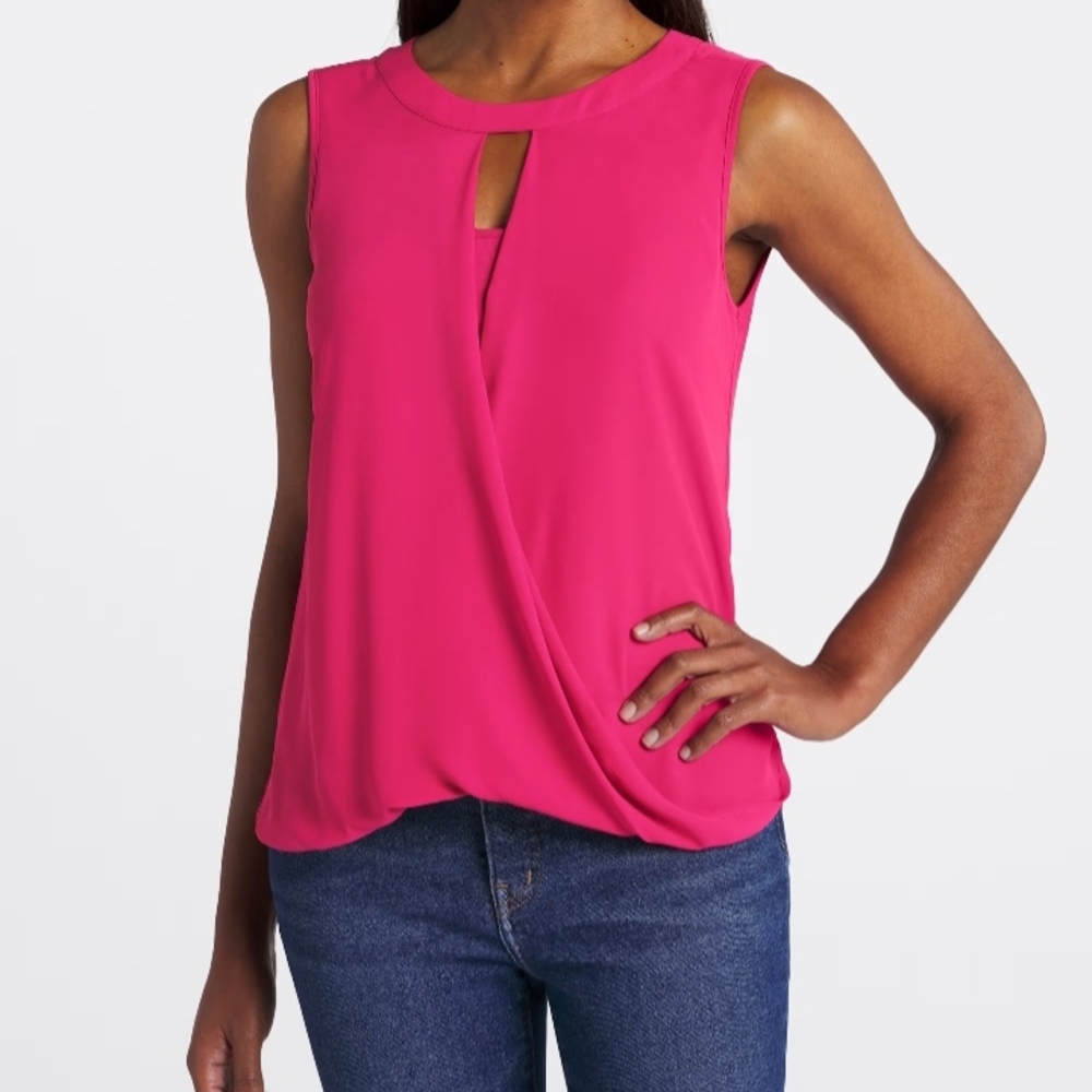 41 Hawthorn Clearwater Mixed Material Fuchsia Sleeveless Surplice Blouse